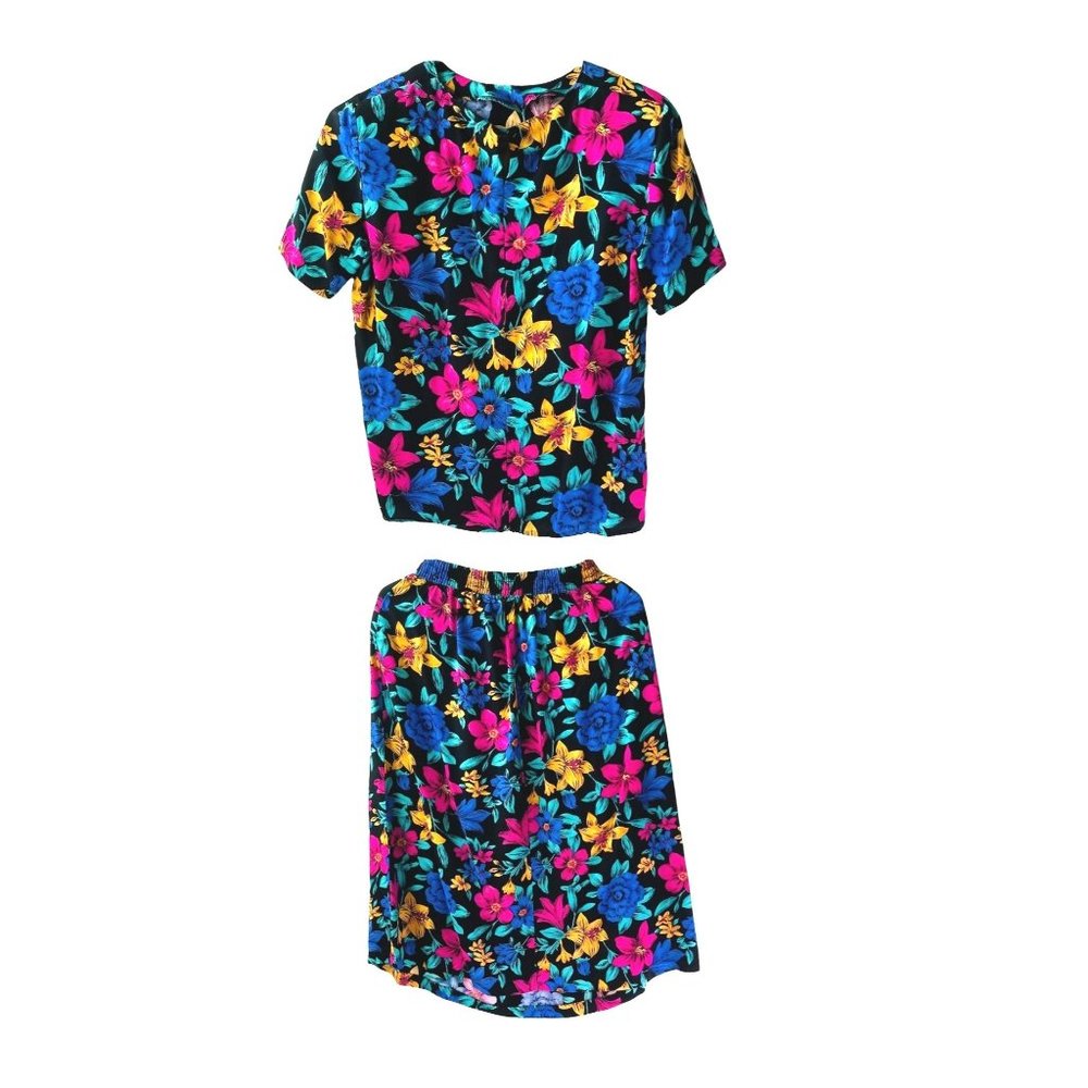 Vintage Norton McNaughton Petites Women's Skirt Blouse Set Size 8 Floral Rayon